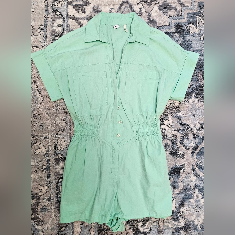 Women's Mint Green Button-Up Romper - Size S